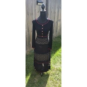 VTG Carol Little Boho Maxi Black Dress Japanese Floral Inspired Tie Back Size 8